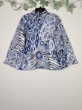 Weekends by Chico's Size 2 (L) Blue Floral Abstract Wide Sleeve High Neck Top